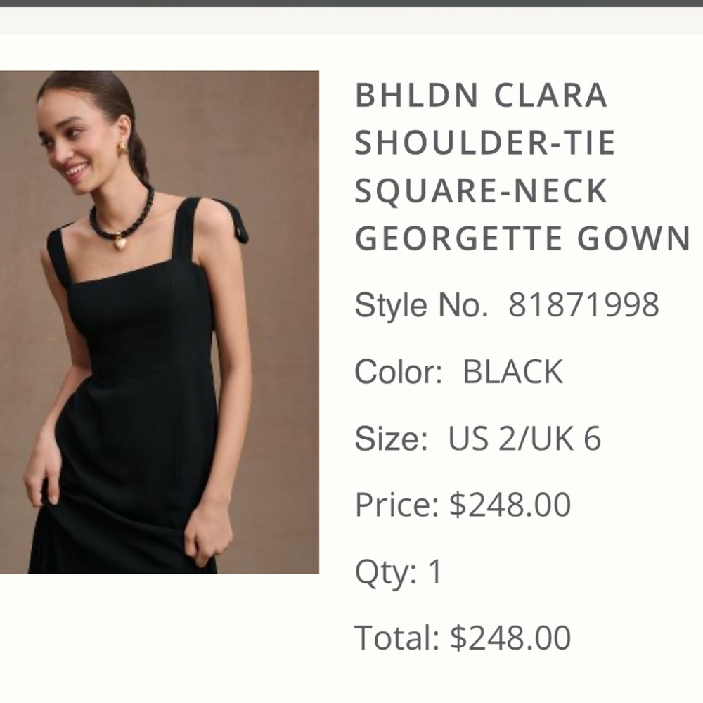 BHLDN Clara Shoulder-Tie Square Neck Georgette Gown- Size 2